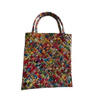 Y2K Eco Chic Candy Wrapper Tote Bag Handmade Colorful Woven Purse 9x9.5